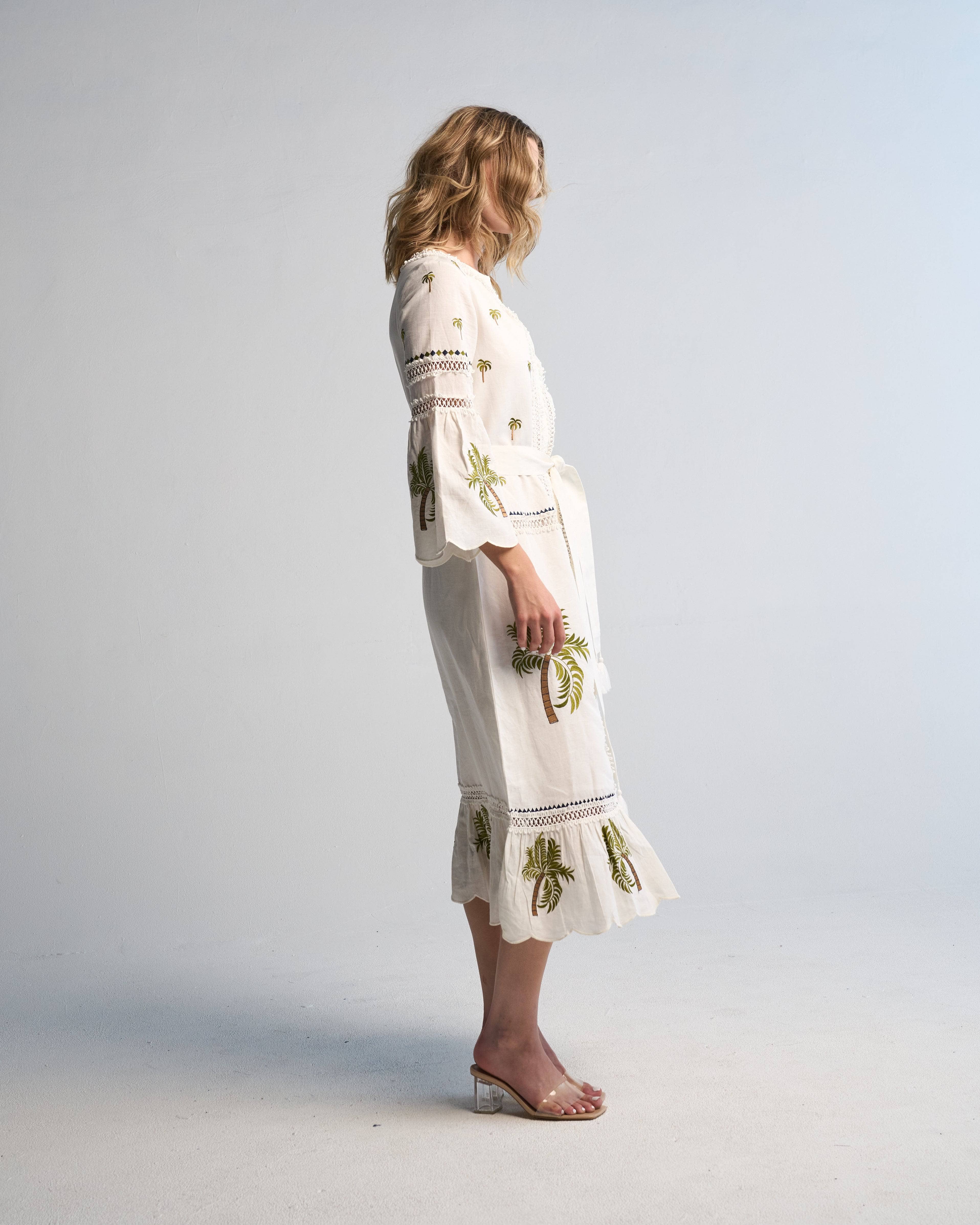 Tania Palm Dress Handmade Cotton Midi with Hand Embroidery