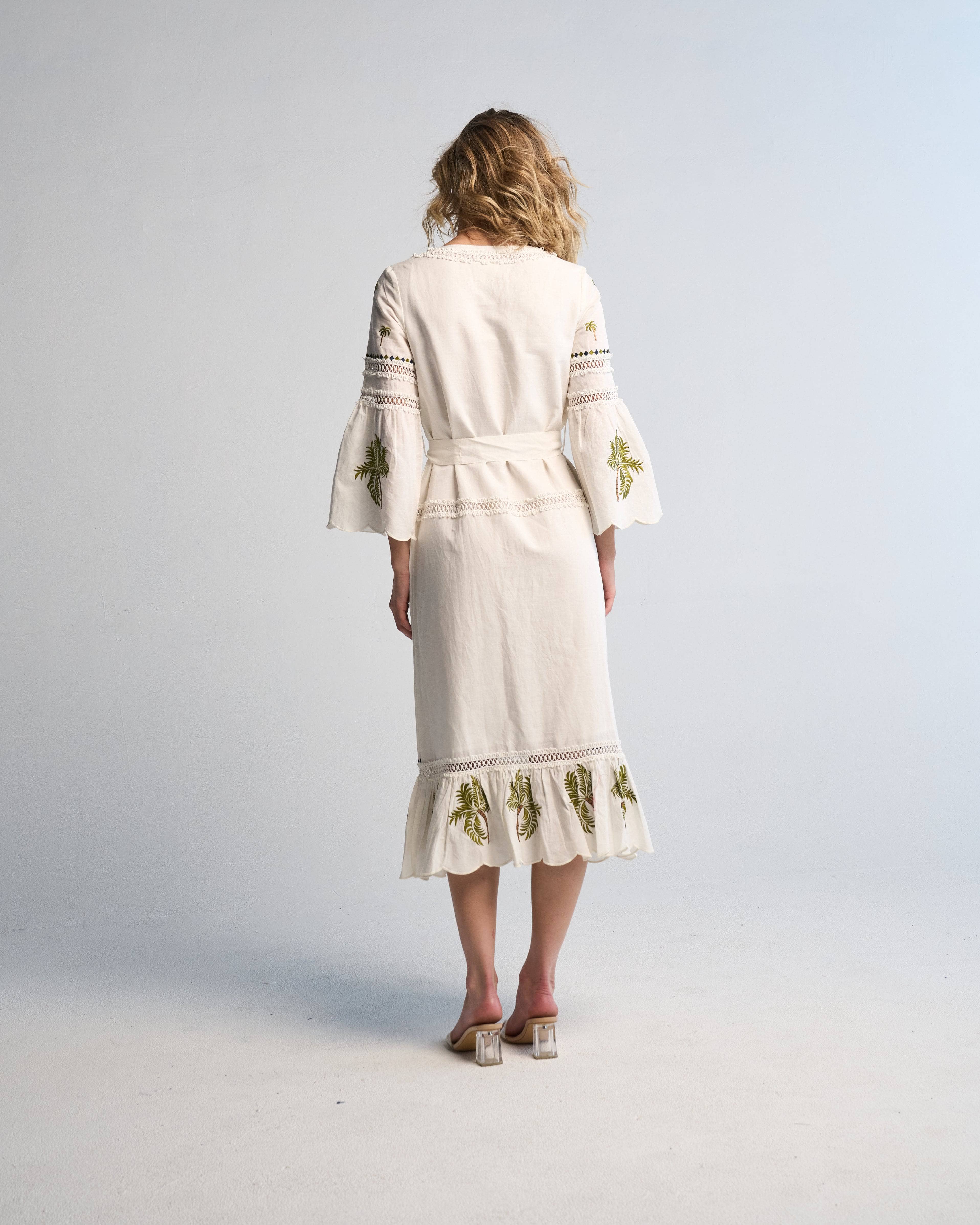 Tania Palm Dress Handmade Cotton Midi with Hand Embroidery