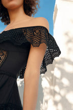 Vestido Corto Vaiana Off-Shoulder Bardot Guipur Volant Asymmetric Skirt