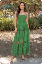 Elegant Eyelet Lace Strapless Midi Dress - Smocked Bodice, Cotton Crochet Trim