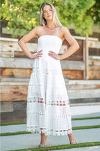Elegant Eyelet Lace Strapless Midi Dress - Smocked Bodice, Cotton Crochet Trim