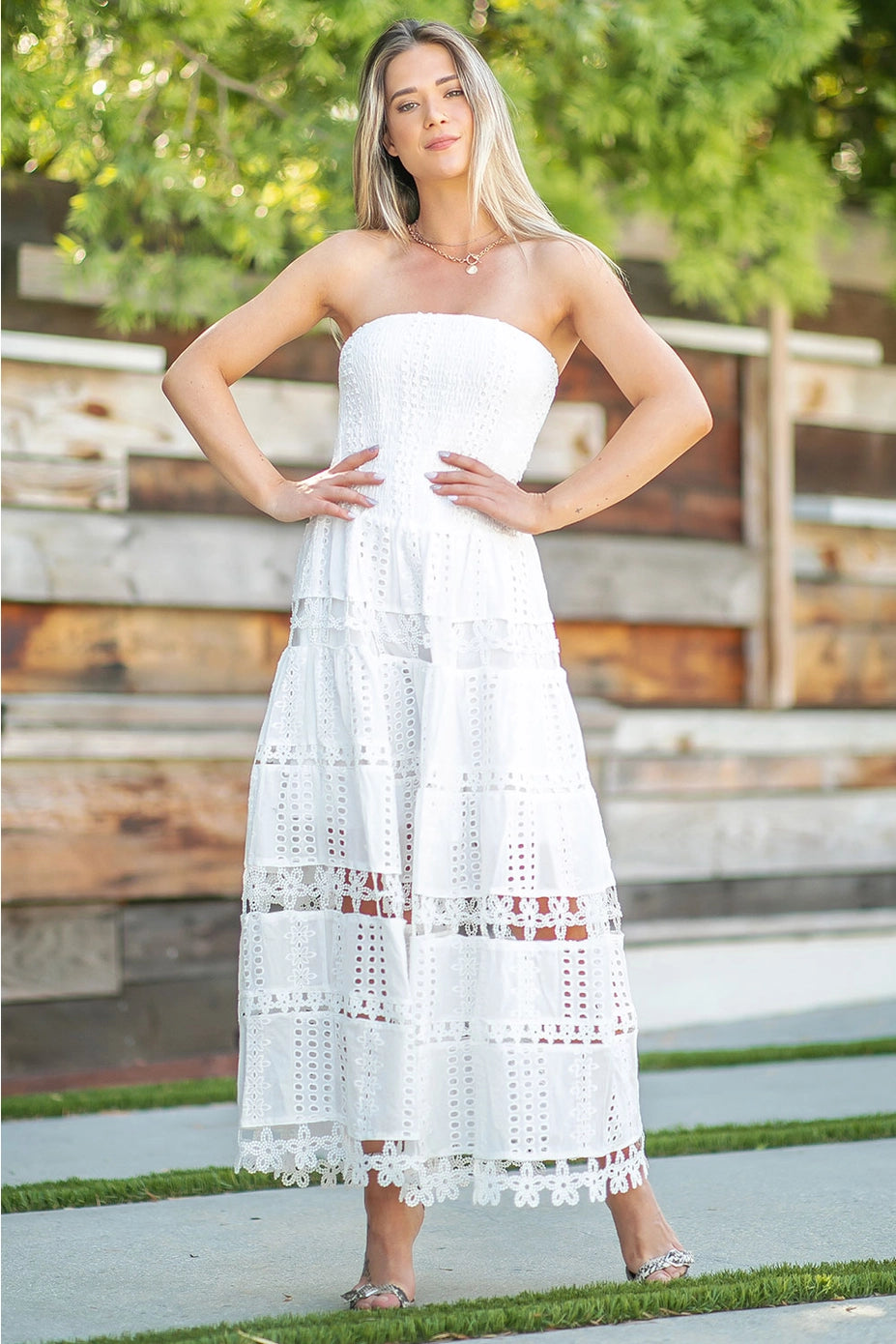 Elegant Eyelet Lace Strapless Midi Dress - Smocked Bodice, Cotton Crochet Trim
