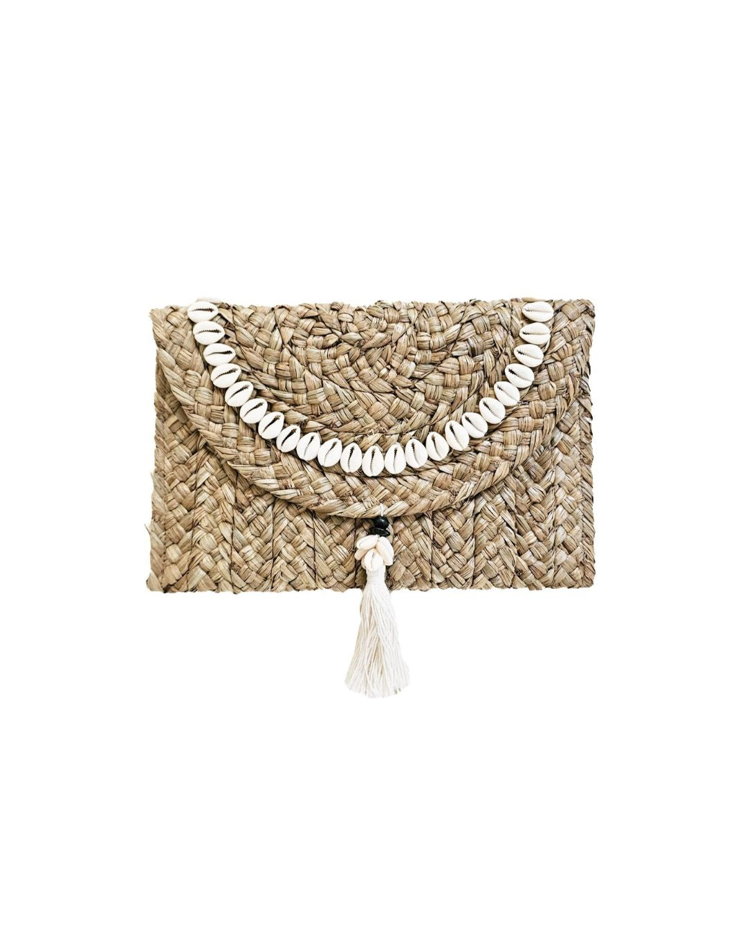Xena Cowrie Shell Clutch Handwoven Balinese Straw Tassel Cotton Lining