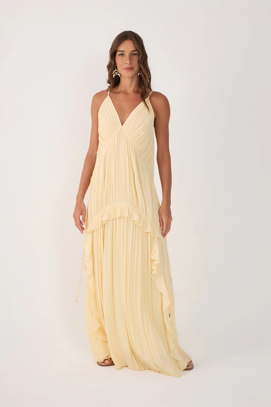 DRESS TO - Printed Floral Midi Dress Lightweight Cotton Blend YELLOW
