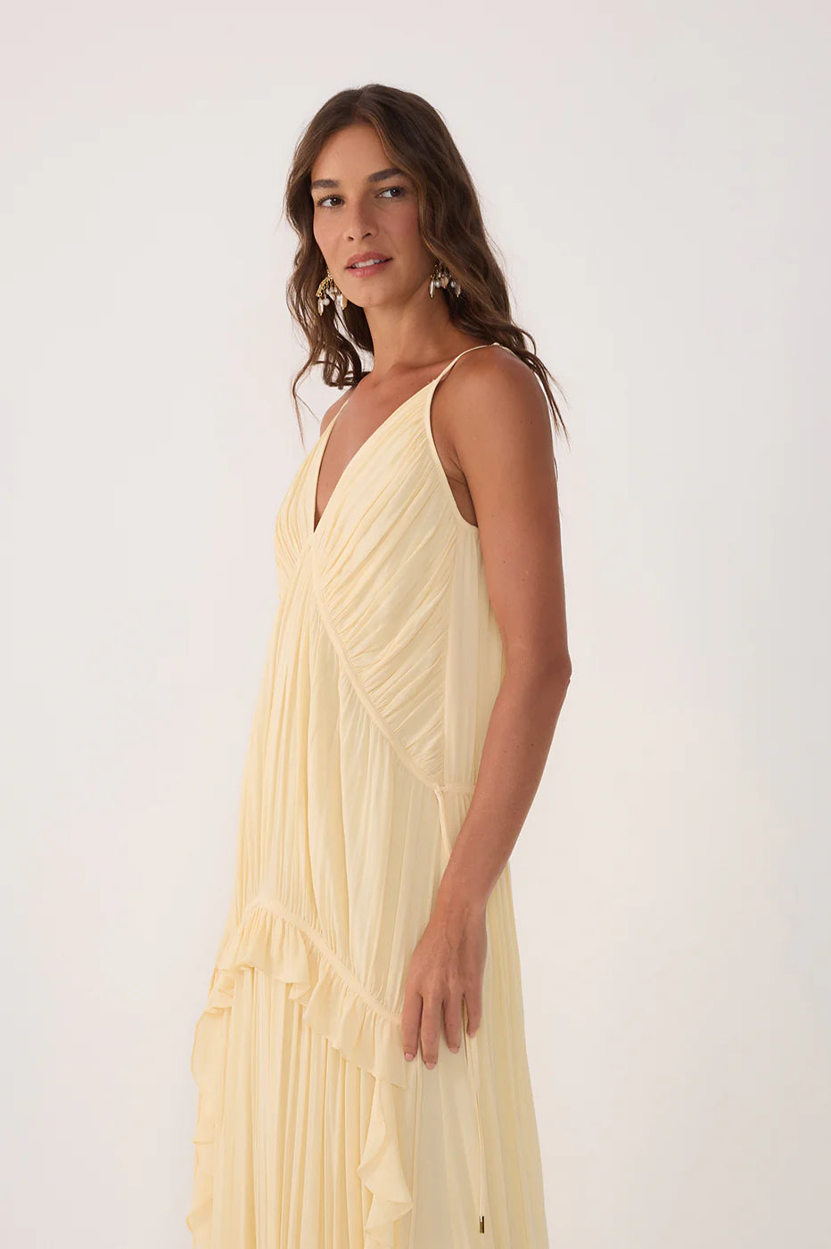DRESS TO - Printed Floral Midi Dress Lightweight Cotton Blend YELLOW