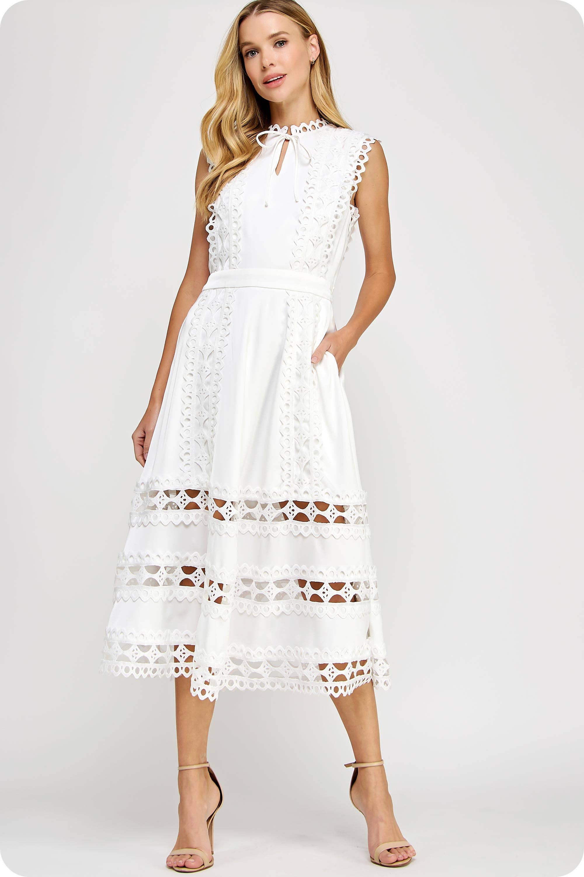 Wholesale Scallop Edge Crochet Trim Satin A-Line Midi Dress