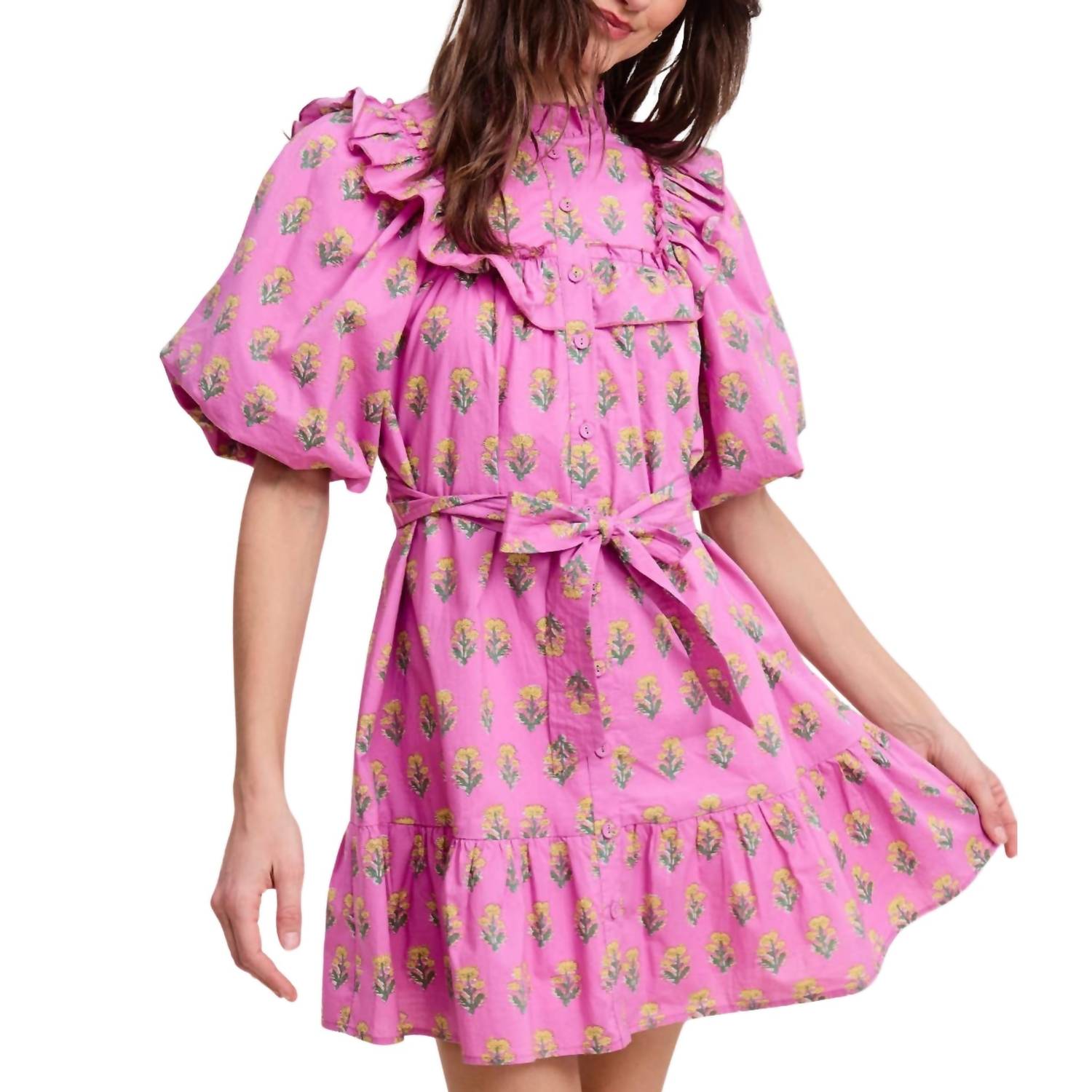 Floral Clusters Ruffled Mini Dress In Orchid Short Sleeve Mockneck