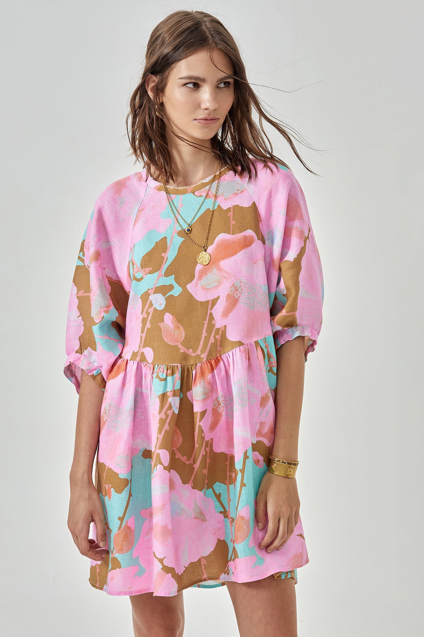 Alcala Linen Dress - Aquarela Oversized Relaxed Short Puff Raglan