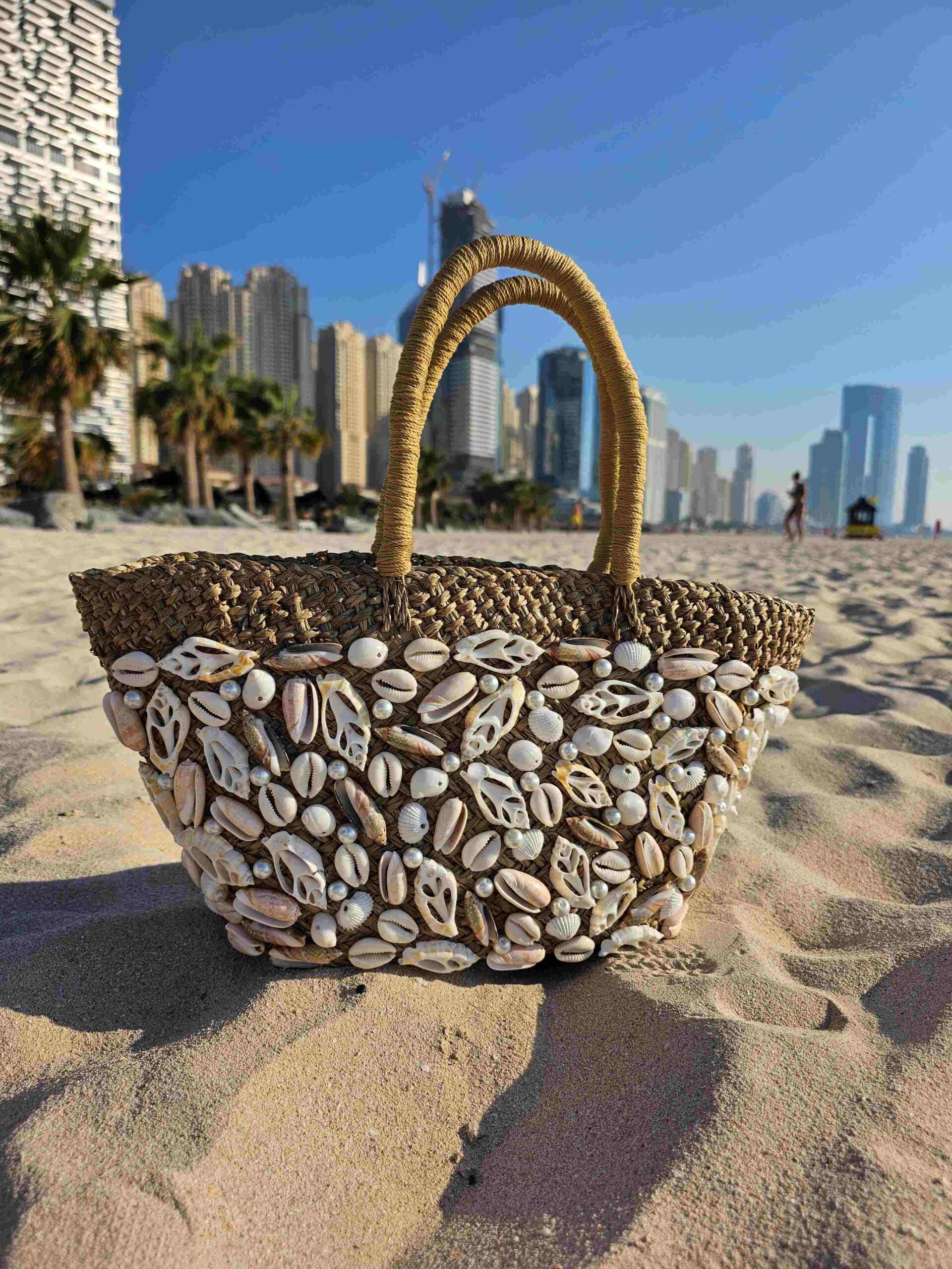 Alice Mixed Shell Mini Beach Tote Hand-Stitched Balinese Straw Pearl-Accented