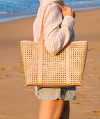 AUDREY Rattan & Leather Tote Bag Bone White Handwoven Carryall
