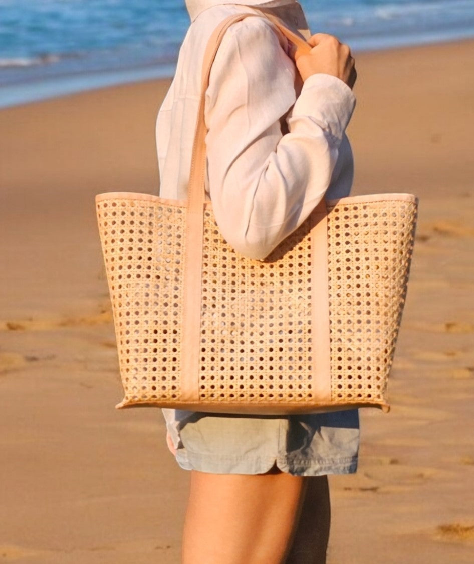 AUDREY Rattan & Leather Tote Bag Bone White Handwoven Carryall