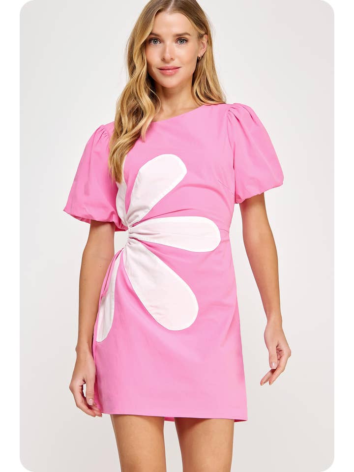 Wholesale Side Cut-Out Flower Detail Mini Dress Cotton Poplin Puff