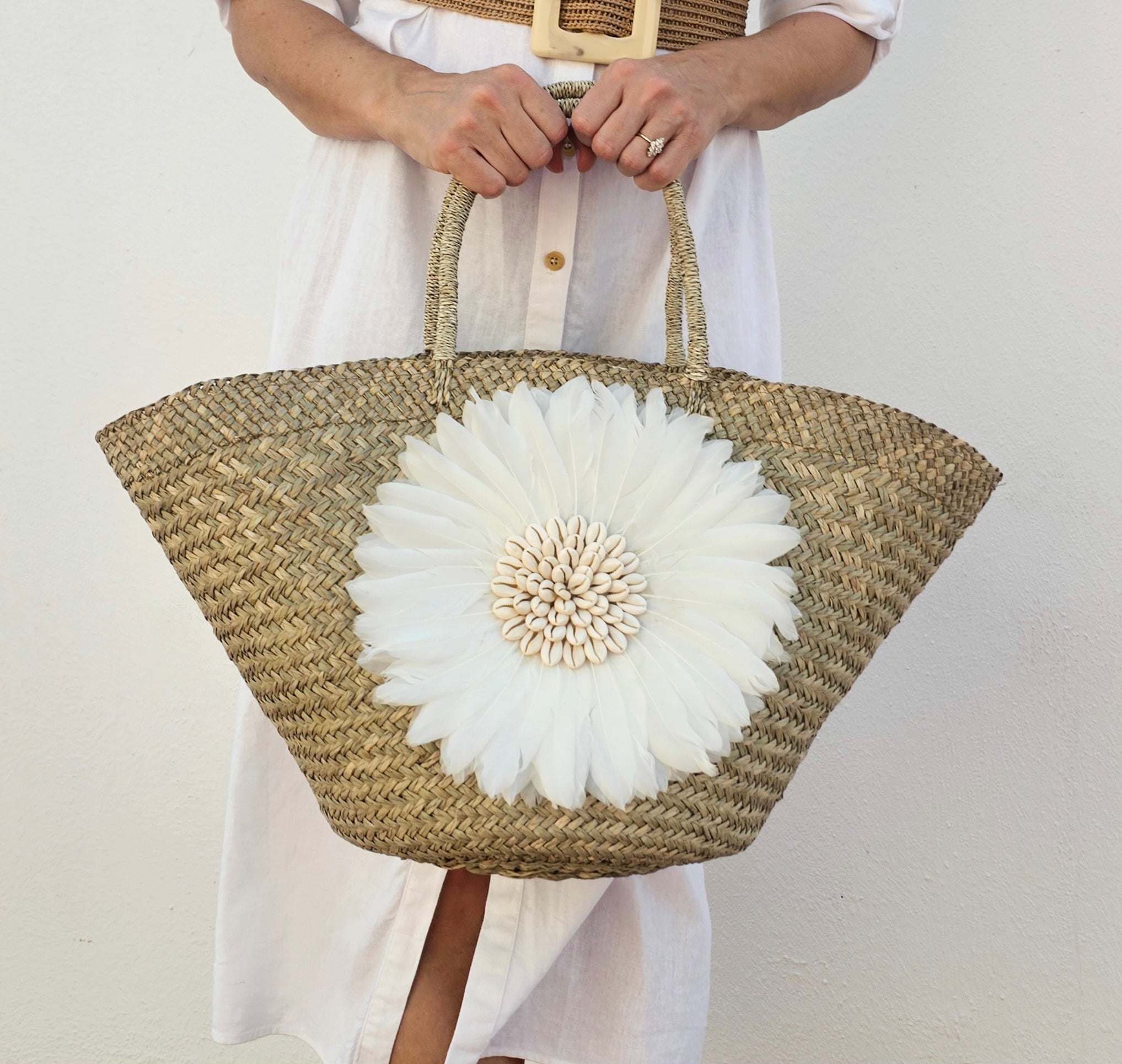 Balinese Straw Bloom Feather Cowrie Shell Large Beach Tote White