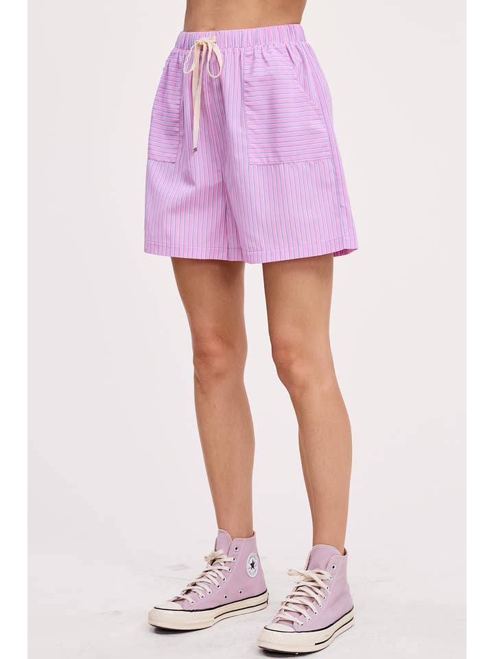 Wholesale Stripe Cotton Shorts Elastic Waist Drawstring Front Pockets