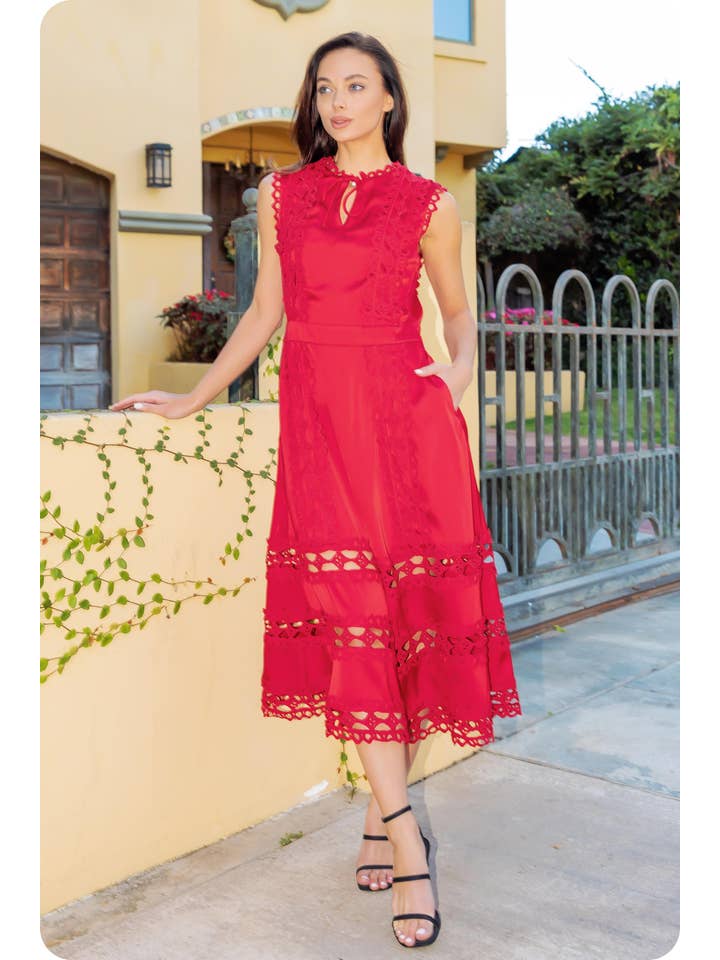 Wholesale Scallop Edge Crochet Trim Satin A-Line Midi Dress