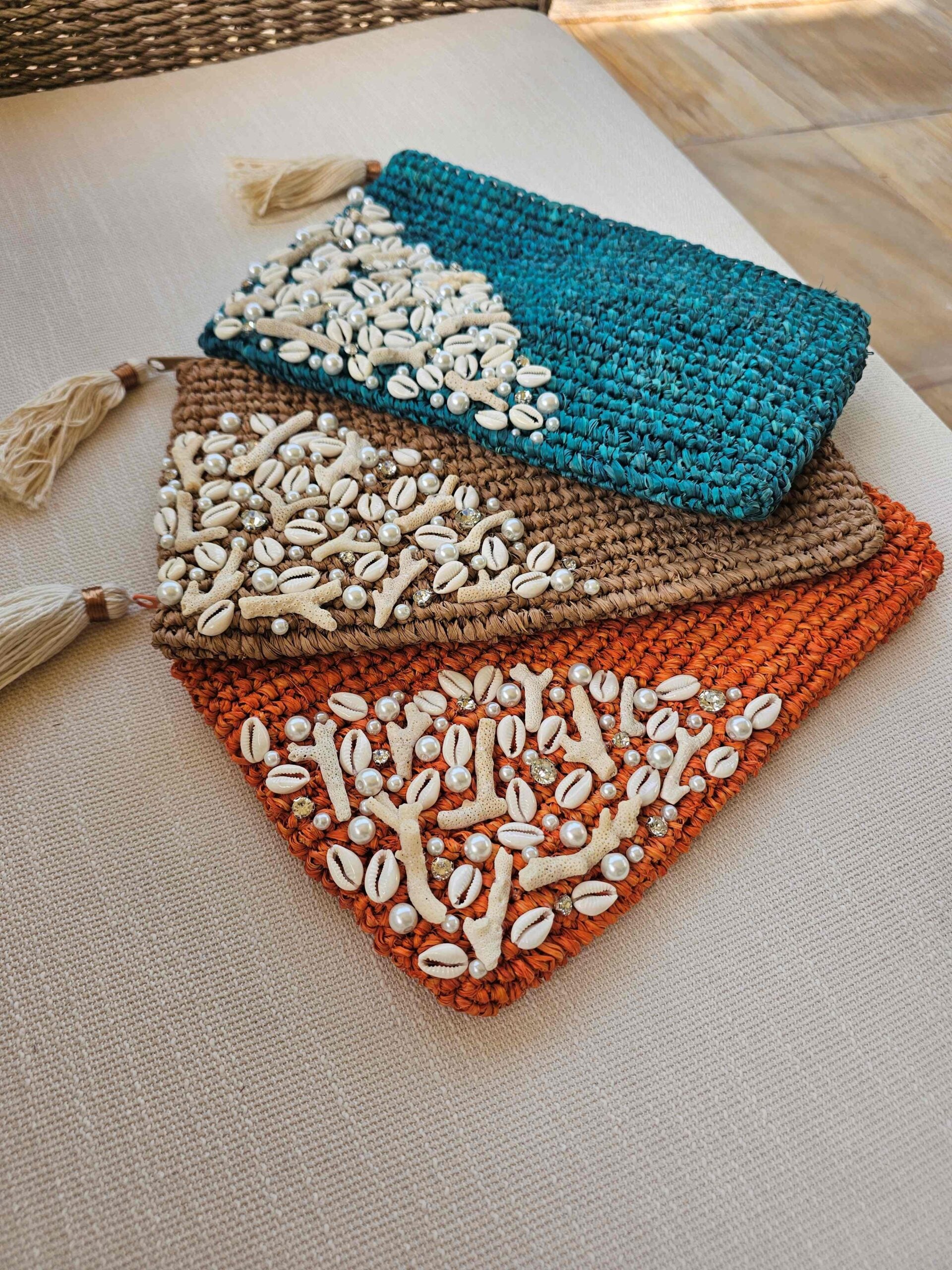 Coralie Raffia Shell and Pearl Clutch Orange Beach Chic