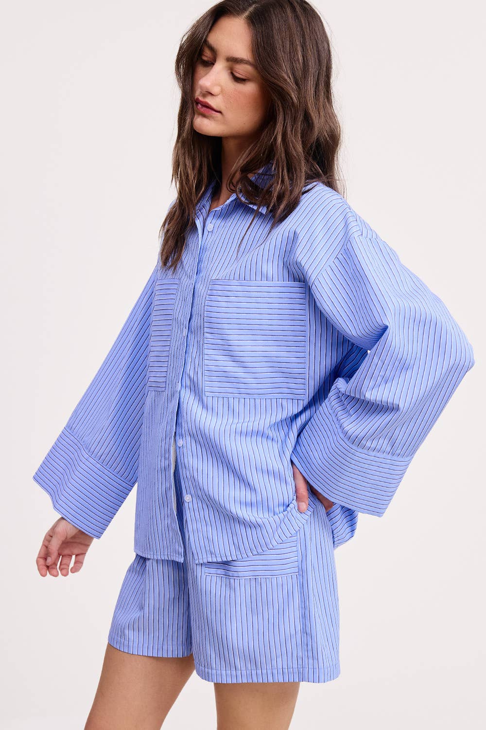 Wholesale Stripe Cotton Shirt Relaxed Fit Oversized Front Pockets