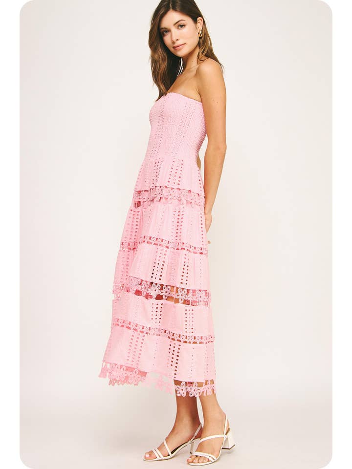 Elegant Eyelet Lace Strapless Midi Dress - Smocked Bodice, Cotton Crochet Trim