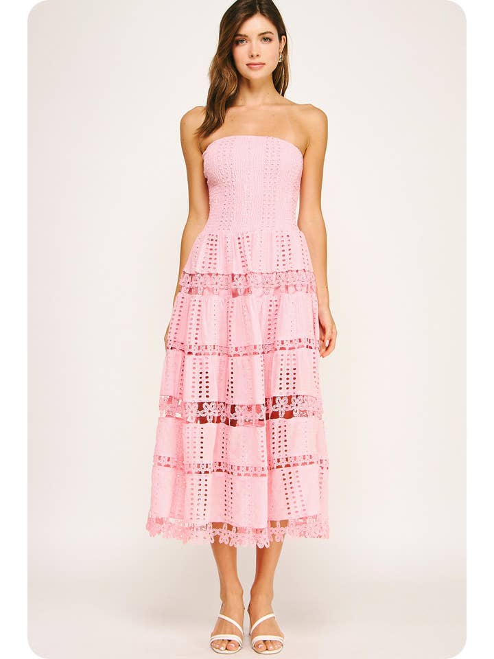 Elegant Eyelet Lace Strapless Midi Dress - Smocked Bodice, Cotton Crochet Trim