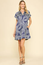 Deep Blue Printed Tunic Dress Lightweight V-Neck Cap Sleeve Mini