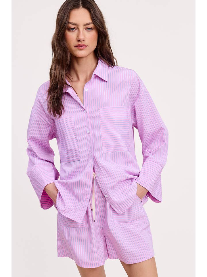 Wholesale Pink Stripe Cotton Shirt Relaxed Fit Oversized Pockets