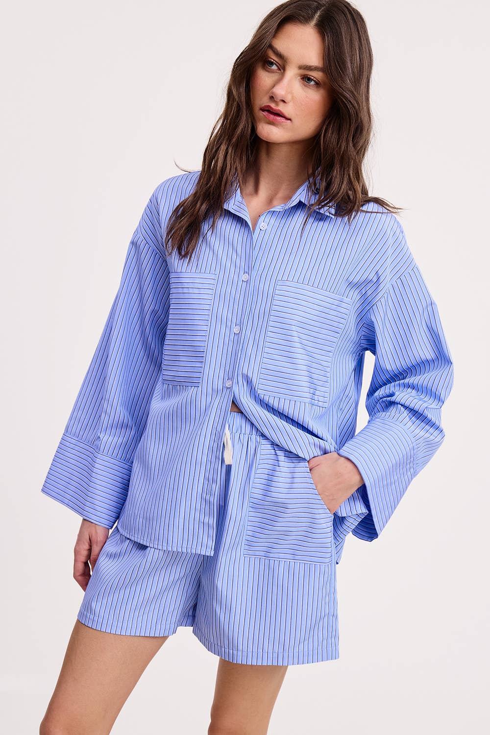 Wholesale Stripe Cotton Shirt Relaxed Fit Oversized Front Pockets