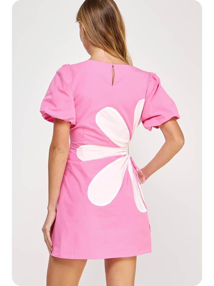 Wholesale Side Cut-Out Flower Detail Mini Dress Cotton Poplin Puff