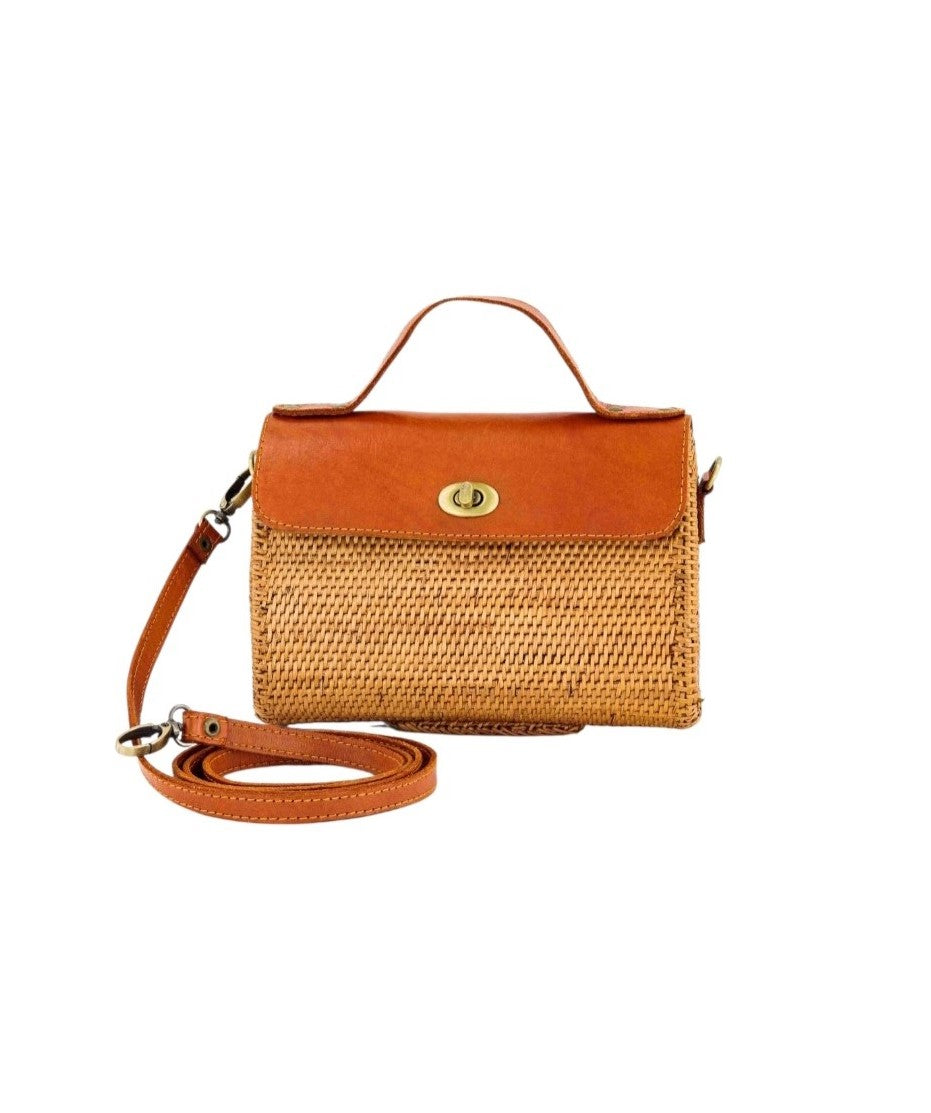 Effie Rattan & Genuine Leather Crossbody Handbag Toffee Brown