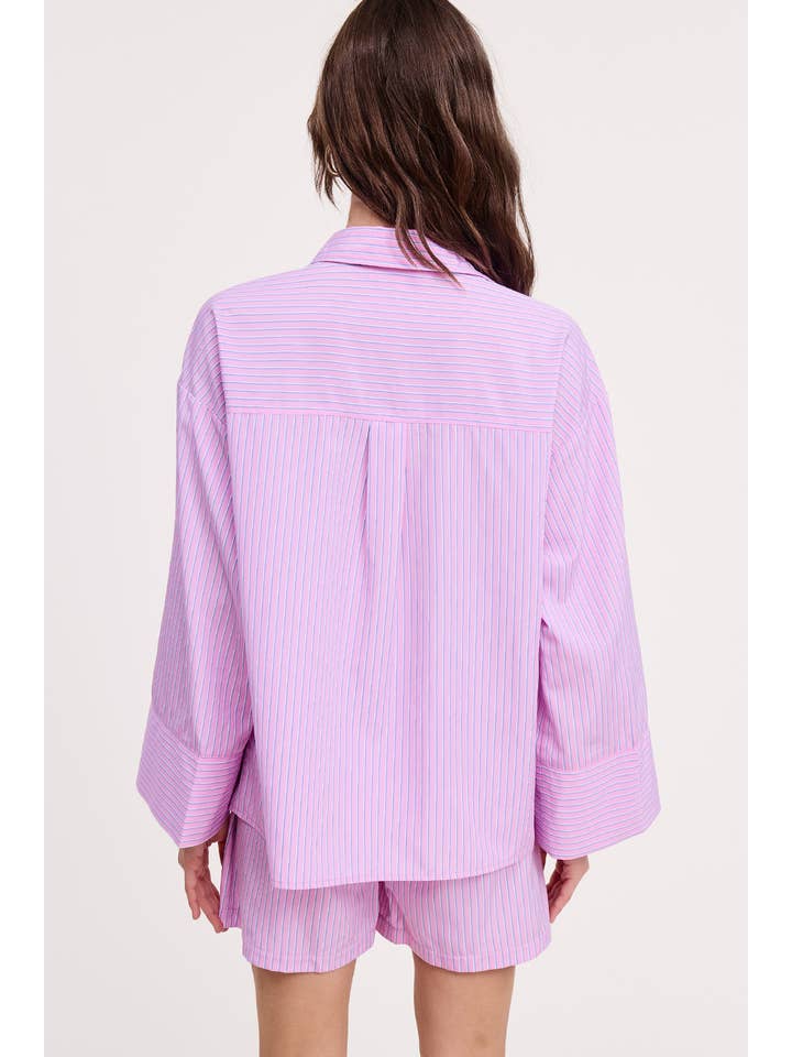 Wholesale Pink Stripe Cotton Shirt Relaxed Fit Oversized Pockets