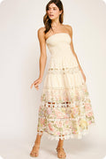 Eyelet Lace Strapless Tube Midi Dress Floral Embroidered Cotton Blend