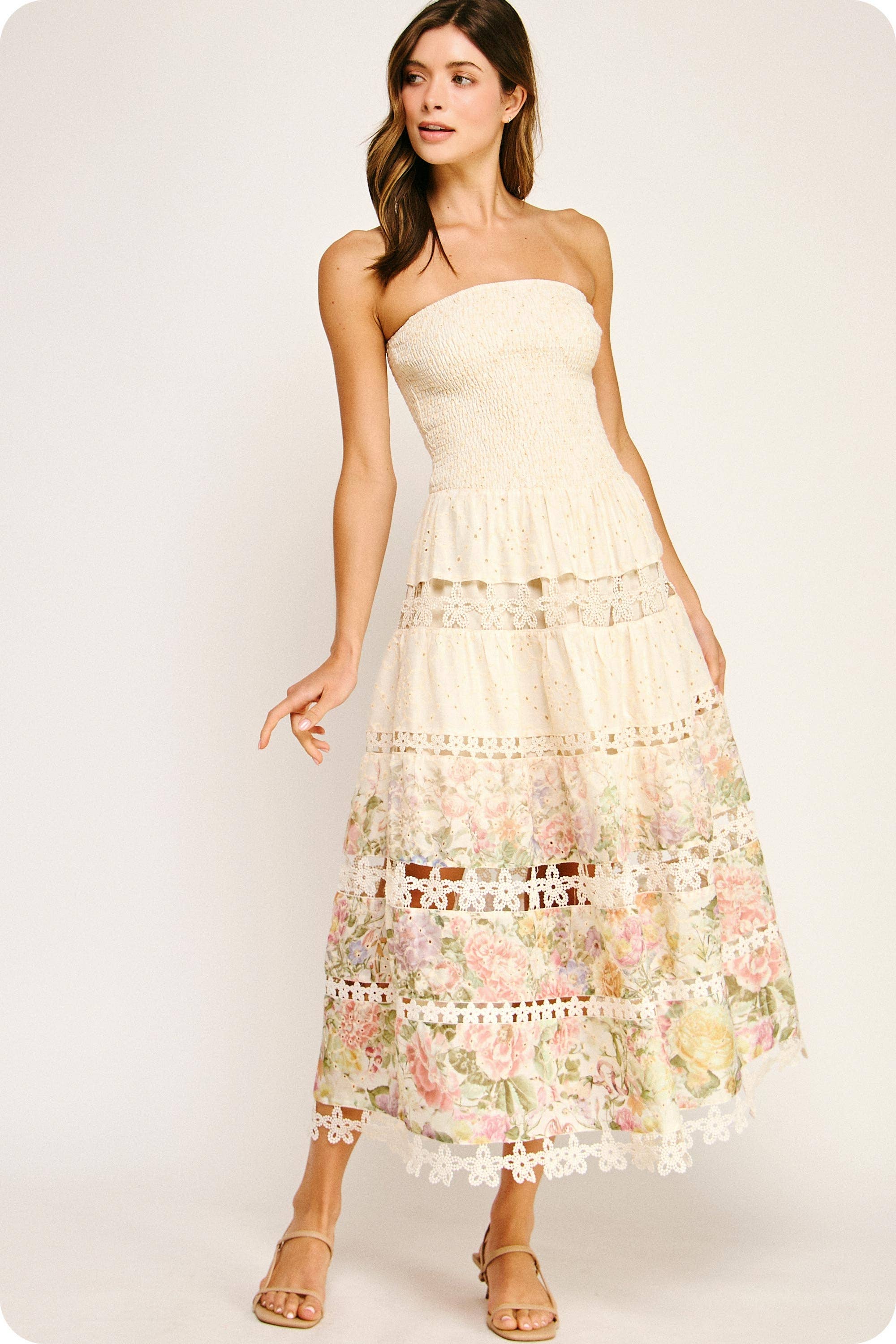 Eyelet Lace Strapless Tube Midi Dress Floral Embroidered Cotton Blend