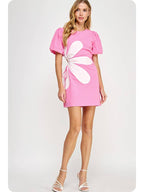 Wholesale Side Cut-Out Flower Detail Mini Dress Cotton Poplin Puff
