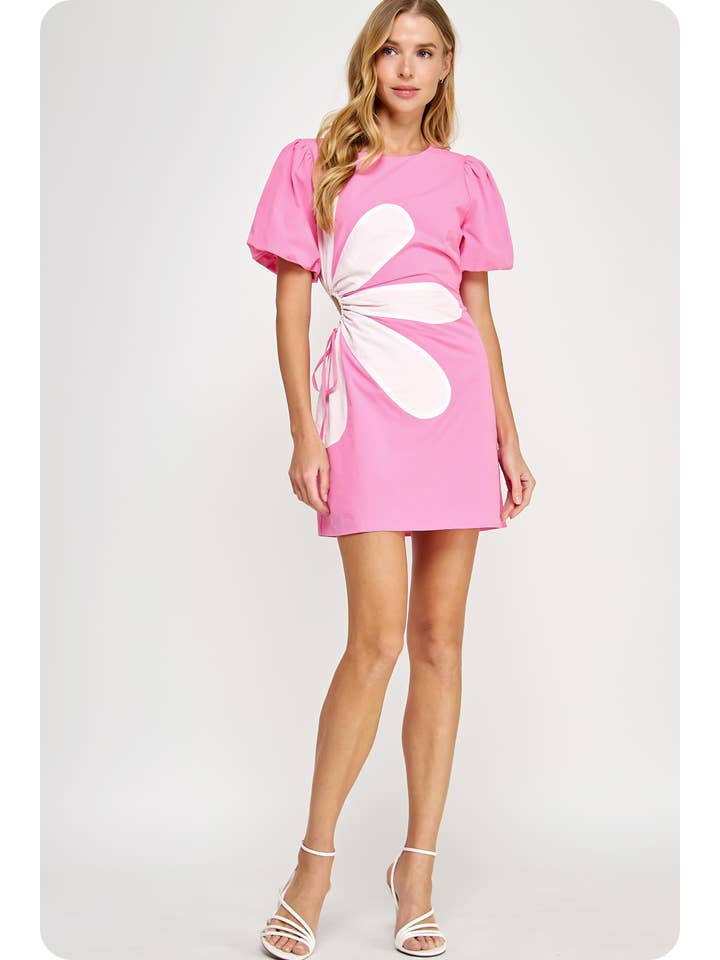 Wholesale Side Cut-Out Flower Detail Mini Dress Cotton Poplin Puff