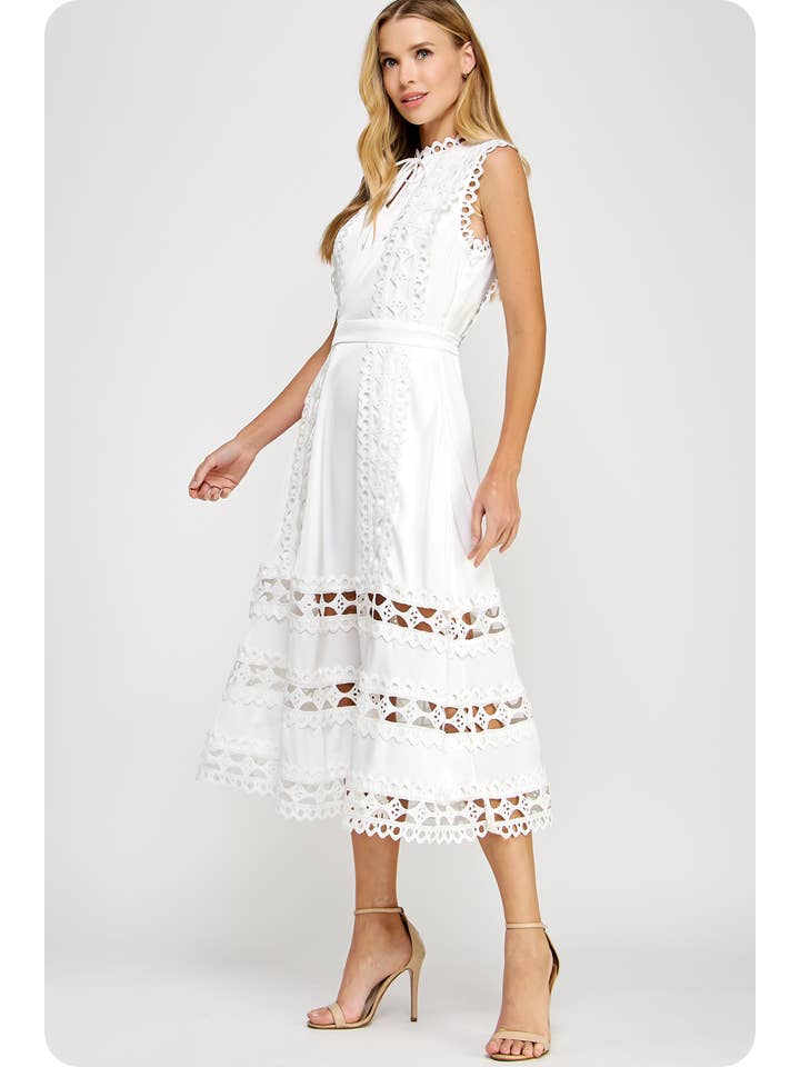 Wholesale Scallop Edge Crochet Trim Satin A-Line Midi Dress