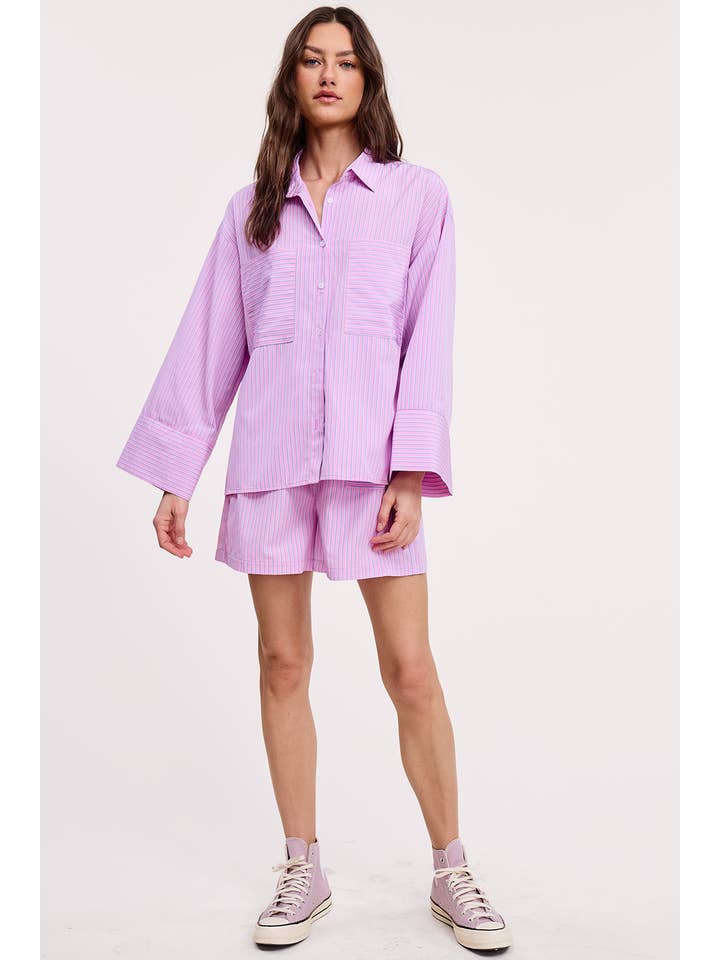 Wholesale Pink Stripe Cotton Shirt Relaxed Fit Oversized Pockets