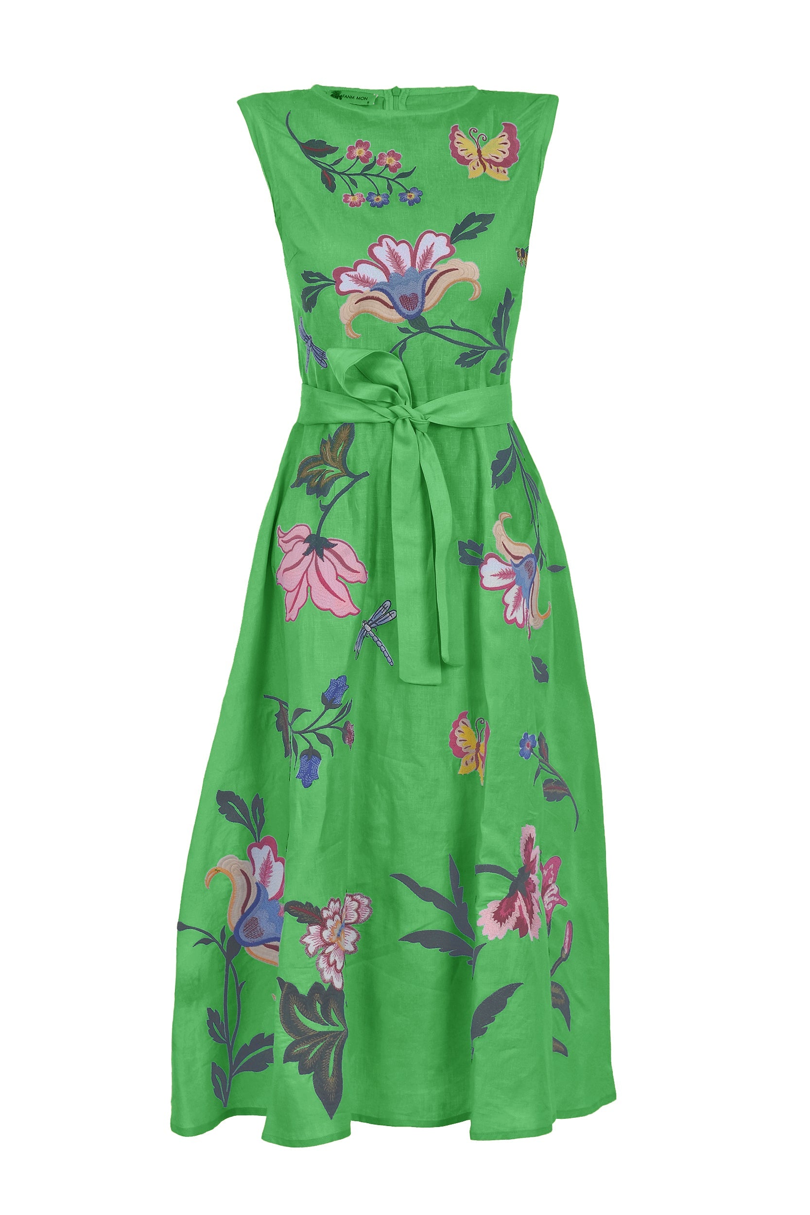 GLORIOSA DRESS Cotton Poplin Sleeveless Midi Floral Embroidered Tie-Belt