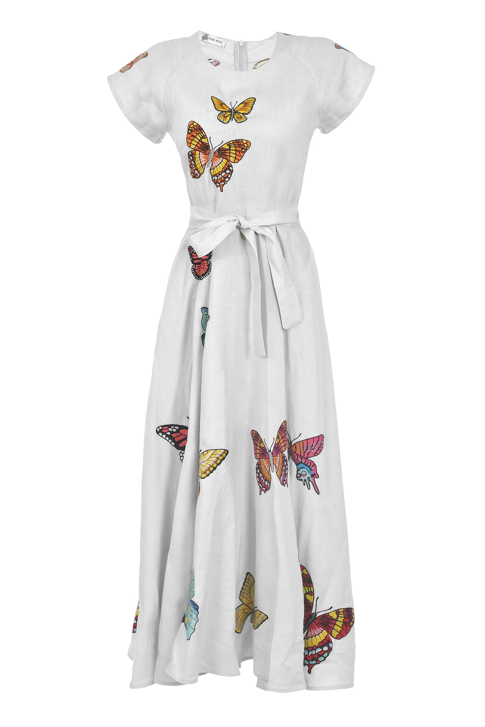 Exquisite Cotton Maxi Dress: Cap Sleeves, Butterfly Embroidery, Detachable Waist Tie