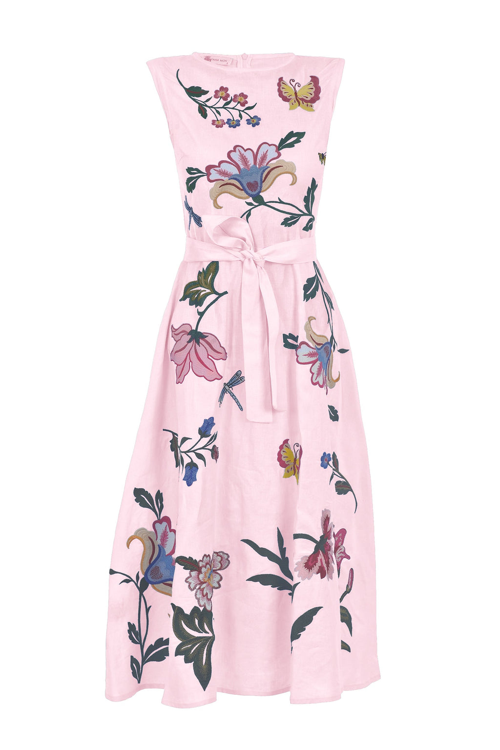 GLORIOSA DRESS Cotton Poplin Sleeveless Midi Floral Embroidered Tie-Belt