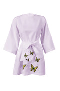 Elegant Cotton Mini Dress with Butterfly Embroidery, Wide Sleeves, Detachable Belt
