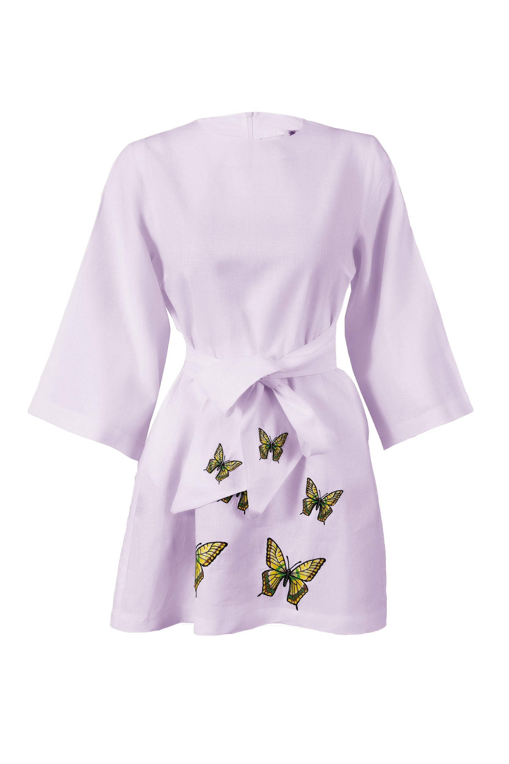 Elegant Cotton Mini Dress with Butterfly Embroidery, Wide Sleeves, Detachable Belt