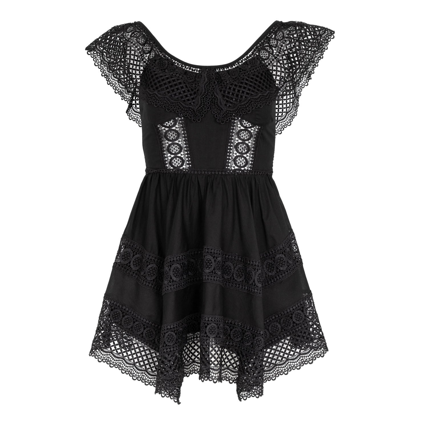 Vestido Corto Vaiana Off-Shoulder Bardot Guipur Volant Asymmetric Skirt