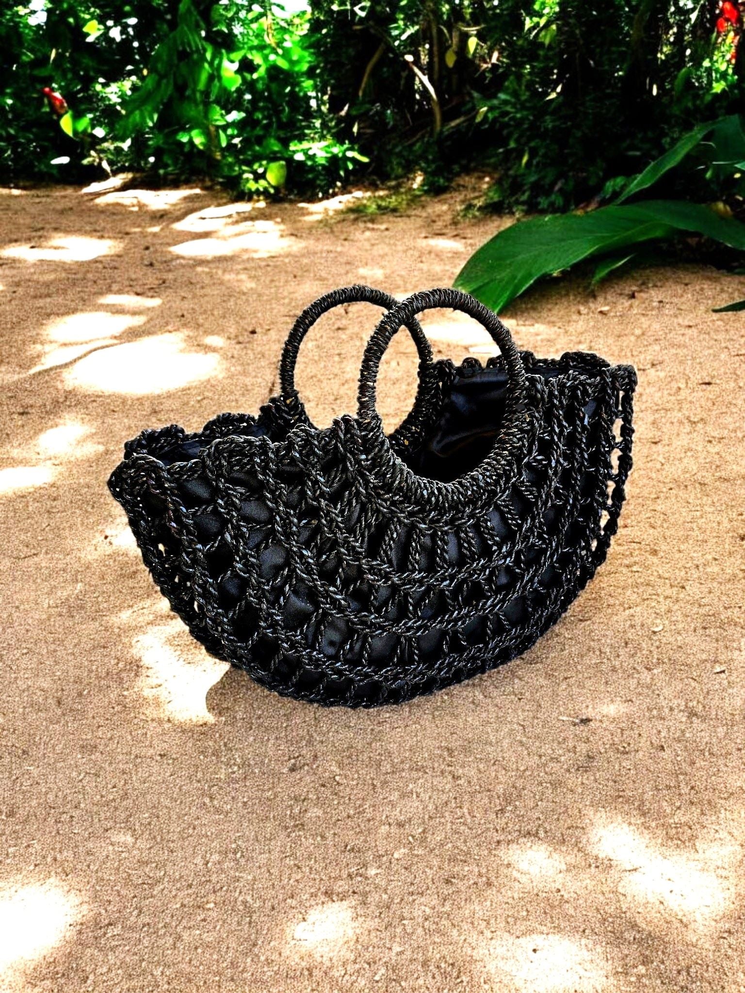 Inga Straw Beach Tote - Black Handwoven Agel Fiber Summer Tote