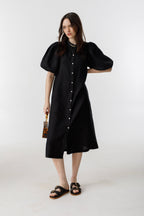 Bubble Linen Dress - Black 100% Organic Linen A-Line Silhouette