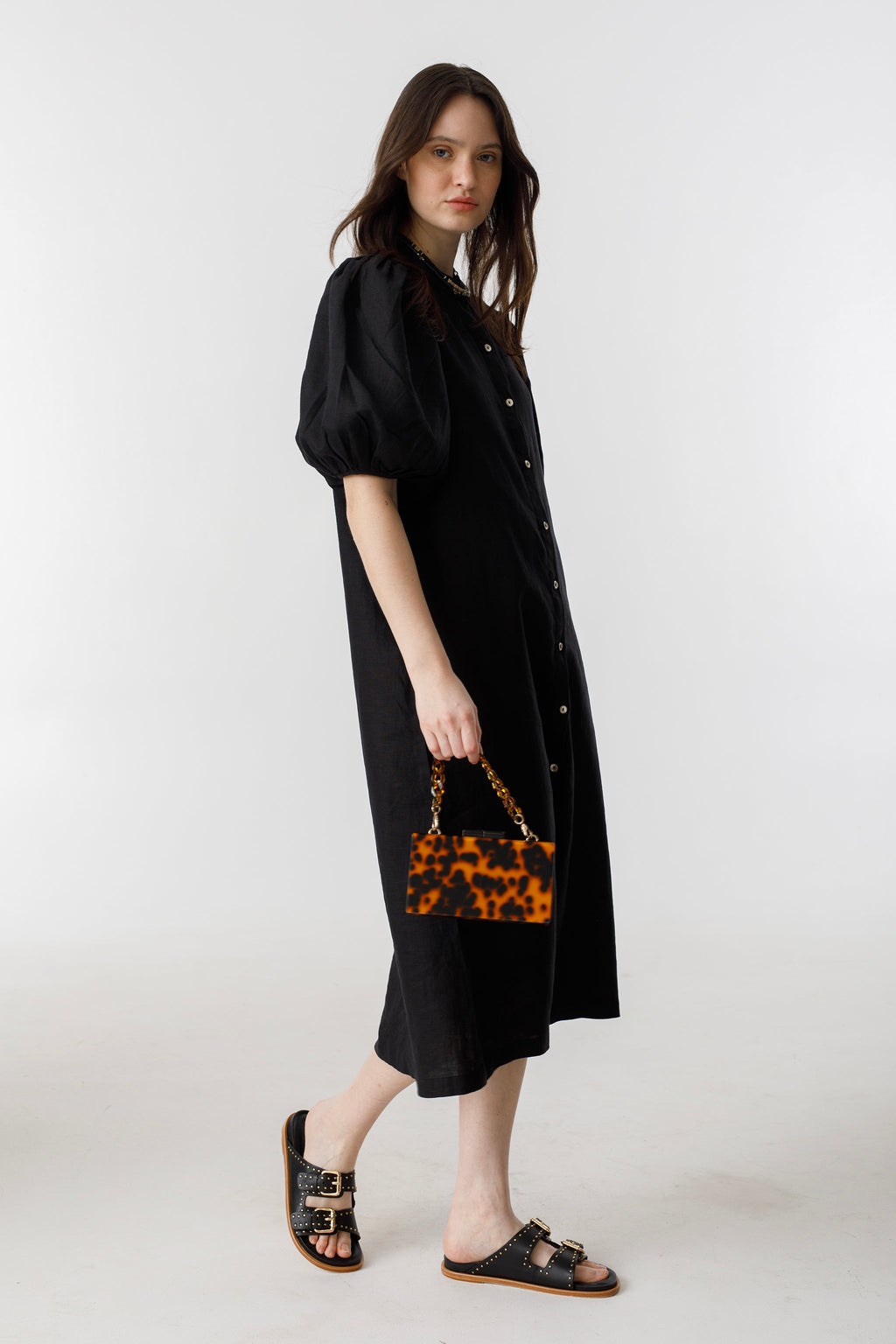 Bubble Linen Dress - Black 100% Organic Linen A-Line Silhouette