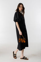 Bubble Linen Dress - Black 100% Organic Linen A-Line Silhouette