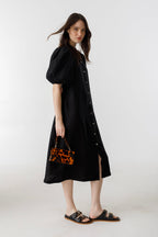 Bubble Linen Dress - Black 100% Organic Linen A-Line Silhouette