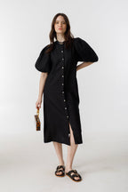 Bubble Linen Dress - Black 100% Organic Linen A-Line Silhouette