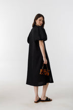 Bubble Linen Dress - Black 100% Organic Linen A-Line Silhouette