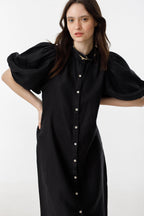 Bubble Linen Dress - Black 100% Organic Linen A-Line Silhouette