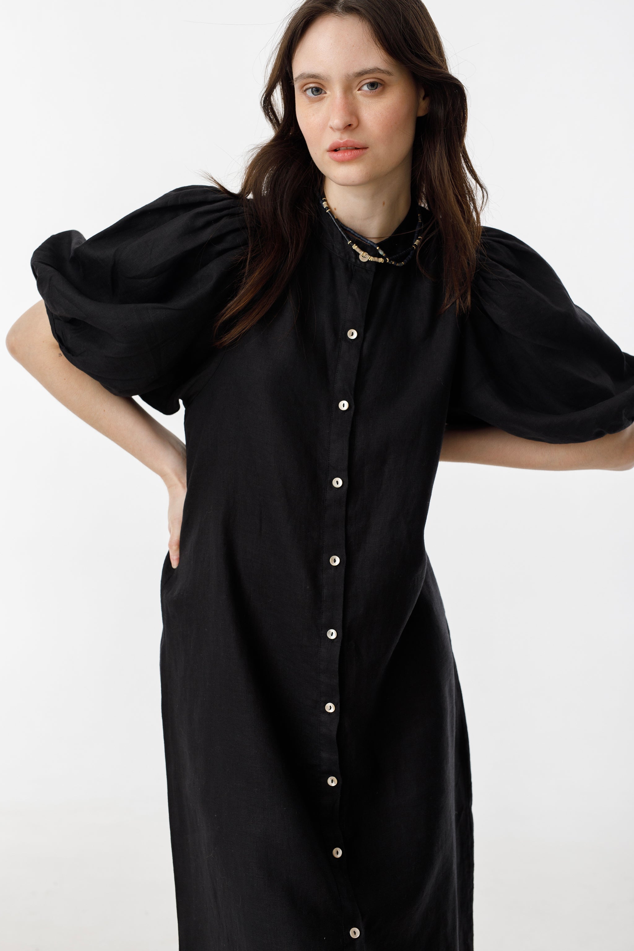 Bubble Linen Dress - Black 100% Organic Linen A-Line Silhouette